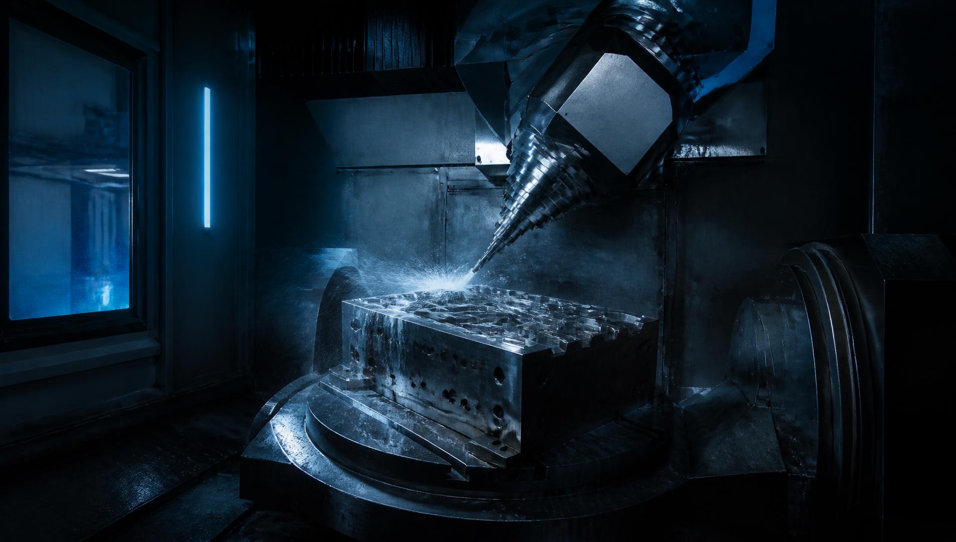 Five-axis CNC machining centre cutting a precision steel mould block