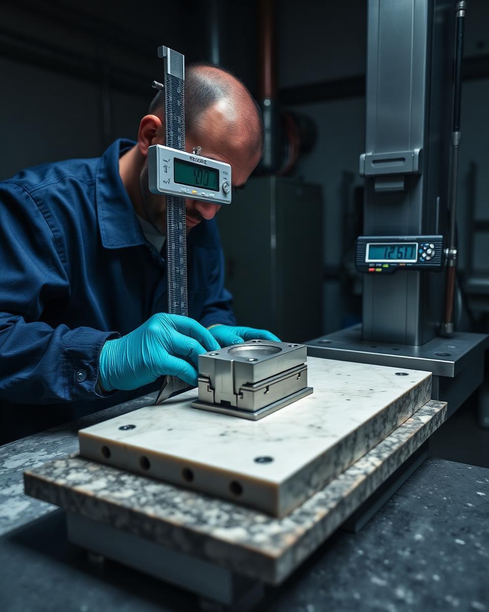 Engineer measuring a precision mould insert on a granite surface plate